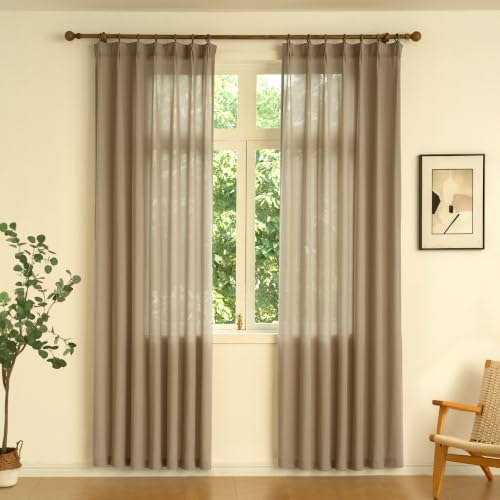 Pinch Pleated Linen Semi Sheer Curtains, Taupe, 108 Inches Long