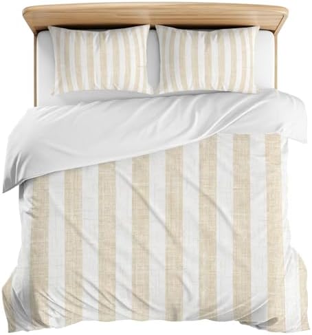 3 Pieces Bedding Set King Size, Beige Striped Soft Duvet Covers Set