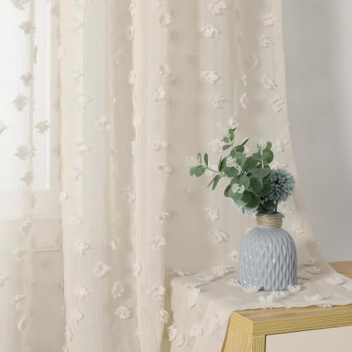 MYSKY HOME Beige Boho Sheer Curtains with Cream Pom Pom 36Wx72L,2