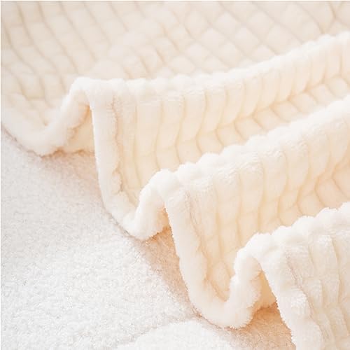 Puncuntex Fleece Throw Blanket Cream White 50"×70" with Square Grid