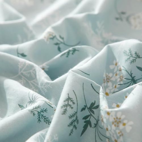 Blue Grey Flower Duvet Cover Set 100% Cotton Queen(90"x90"),White