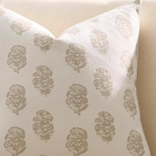 Meekio Floral Block Print Pillow Covers 20x20 Set of 2, Beige and
