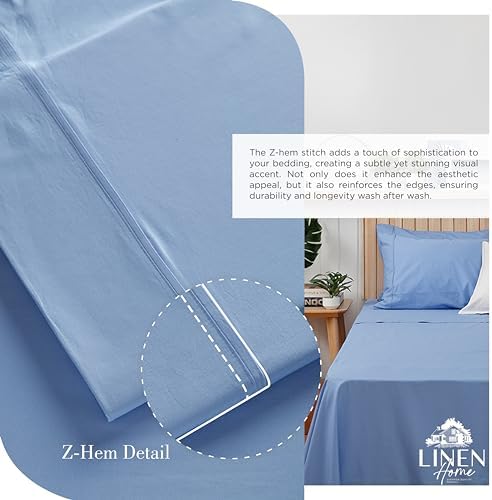 Linen Home 100% Cotton Percale Sheets Twin Size, Baby Blue, Deep