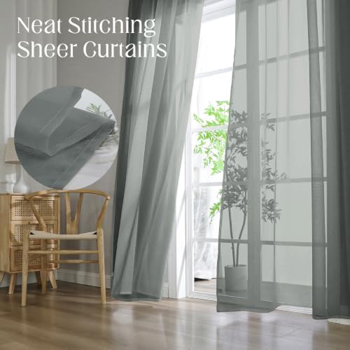 CUCRAF Grey Sheer Curtains 63 Inches Long 2 Panels Set, Semi Sheer Rod
