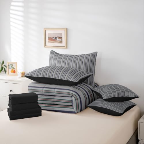 Erosebridal Gray Stripes King 7-Piece Comforter Set | Men Women Kids