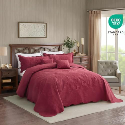 Oversized King Bedspreads 128x120, Stitched Paisley, Wine Red