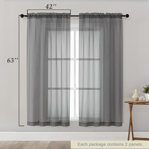 Sheer Grey Curtains for Bedroom Living Room 63 Inch Length 2 Panels