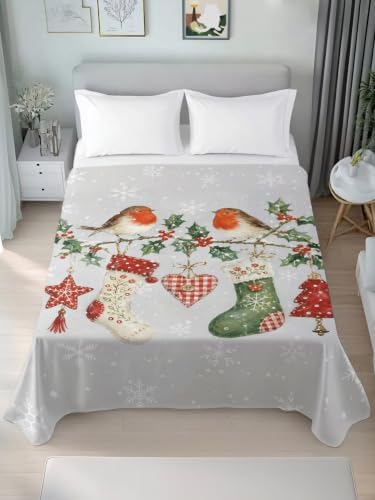 Cal King Size Flat Sheet Only, Christmas Red Berry Holly Bird Bed Top