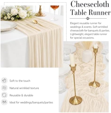 2 Pack Ivory Cheesecloth Table Runner 17x108 Inch Boho Rustic Semi