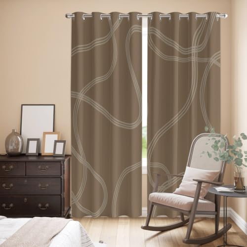 Taupe Line Art Window Curtains Panels with Silver Grommet, Modern