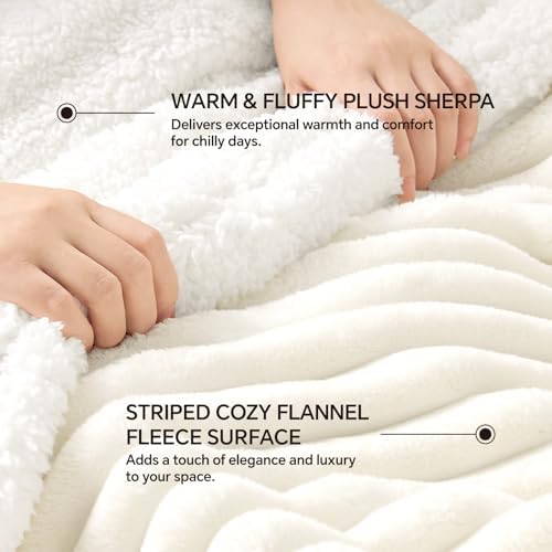 INFIIXSO Striped Sherpa Throw Blanket for Couch, Warm Plush, Cream