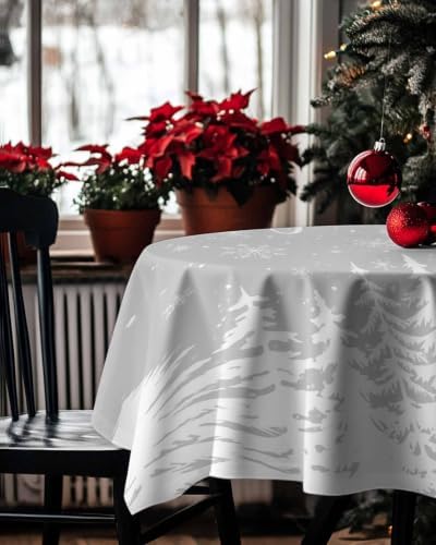 Christmas Tree Square Tablecloth White Pines Tree Silhouette Snowflake