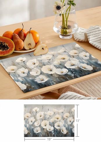 Rural White Flowers Painting Table Runner and Placemats Set of 4