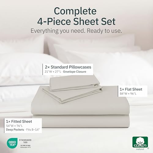 Soft 100% Cotton Full Size Bed Sheets, 4 Pc Set, Beige