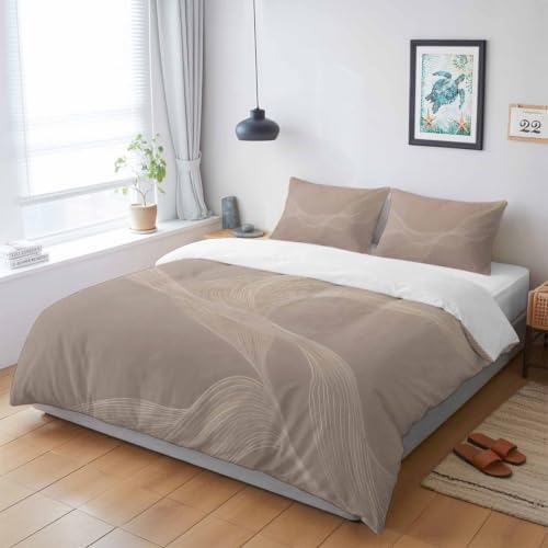 Warm Taupe Line Art Duvet Cover Queen Size, Modern Abstract Art Luxury