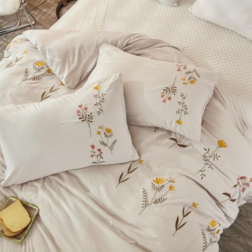 INFLAG Flower Duvet Cover Set, 3 Piece Cover Set Embroidered Floral