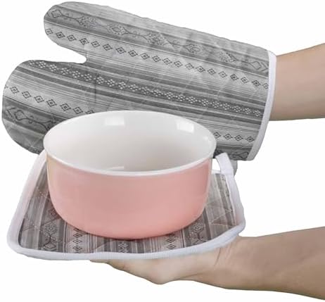 Quilted Cotton Terry Cloth Oven Mitt, Pot Holder Bohemia Stripe Grey