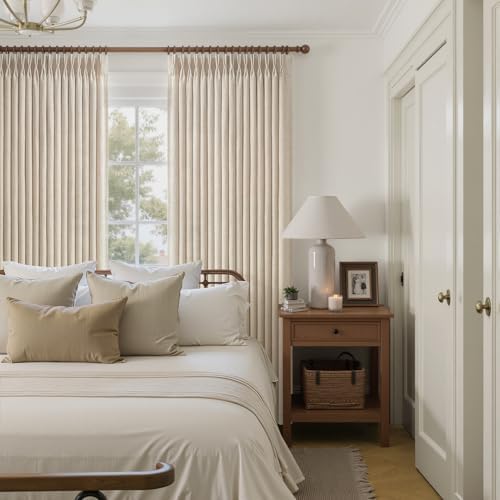 Natural Linen Pinch Pleated Curtains 84 Inch Length for Sliding Glass