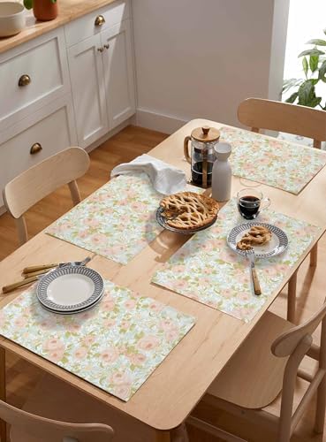 Placemats Set of 8, Beige Flowers Woven Placemat, Linen Place Mats for