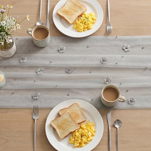 Artoid Mode Gray Flower Pearl Gray Gauze Table Runner 10FT, Seasonal
