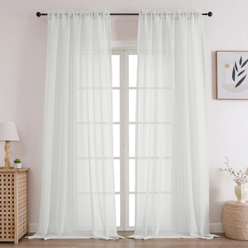 CUCRAF White Sheer Curtains 95 Inches Long 2 Panels Set, Semi Sheer