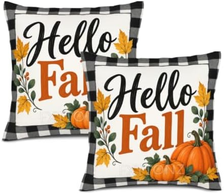 Leaves Plaid House Pillow Covers 22x22 Inch Set of 2 Linen for Fall