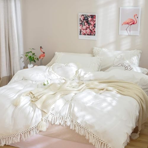 Helthep Luxury Boho King Size White Lace Bedding Collection Ruffled