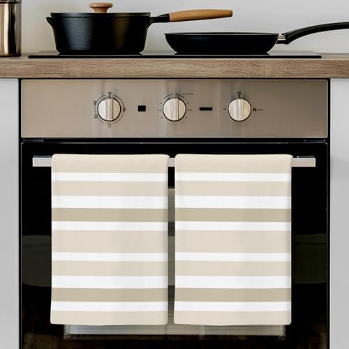 Kitchen Towels Set 3 Pack Beige White Stripes Absorbent Dish Towels