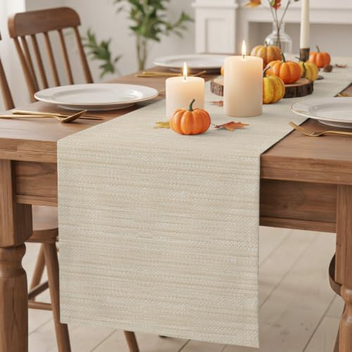 Modern Boho Table Runner 108 Inches Long, Solid Color Linen Texture