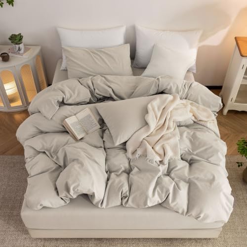 Duvet Cover Set 100% Washed Cotton Linen Feel 3‐Pcs Full