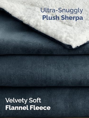 Sherpa Fleece Blanket Throw XL Size - Reversible Blanket - Navy, 50" x