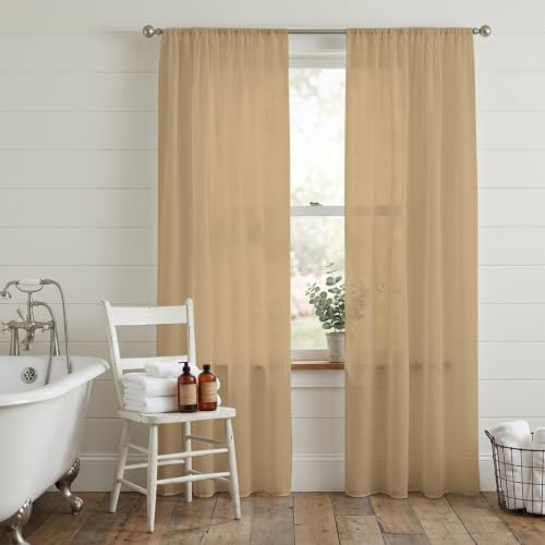 Beige Sheer Curtains 108 Inch Long 2 Panels Solid Color Beige
