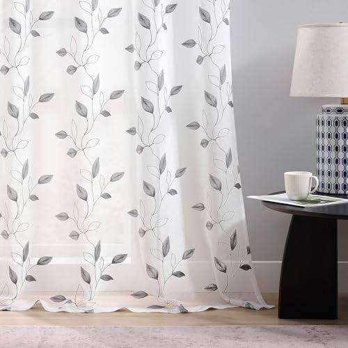 Grey on White Sheer Curtains 96 Inches Long 2 Panels for Living Room