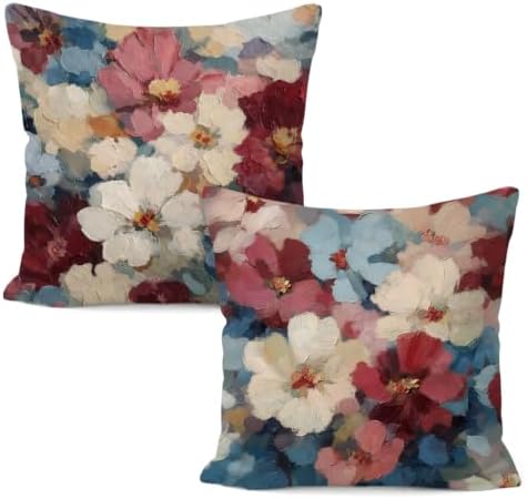Abstract Floral Pillow Cover 18x18 Set of 2, Vintage Modern Burgundy
