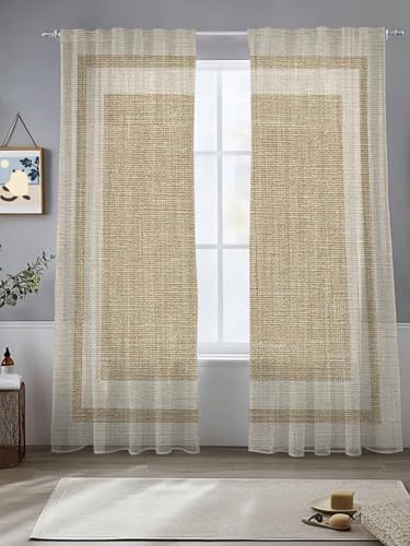 Beige Vintage Sheer Curtains 108 Inch Length 2 Panels, Rustic