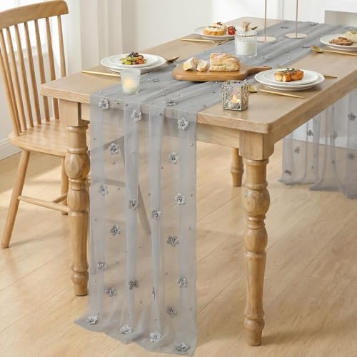 Artoid Mode Gray Flower Pearl Gray Gauze Table Runner 10FT, Seasonal