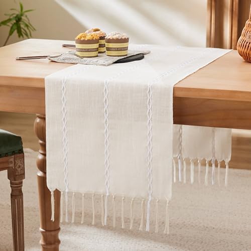 Braided Farmhouse Table Runner, Braided Beige 13x36 Inch, Cotton Linen