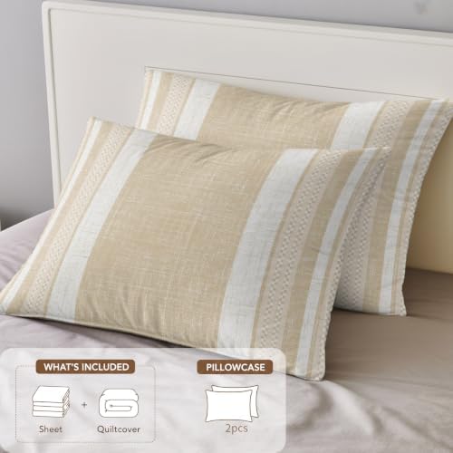 Beige Stripes Queen Size 4 Piece Duvet Cover Set, Minimalist Cream