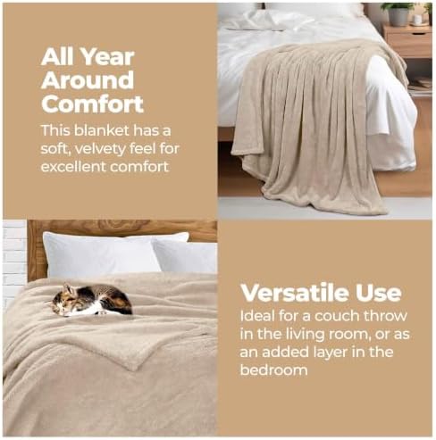 SUPERIOR Solid Fleece Bundle King Bed Blanket and Throw 2PC Set, Linen