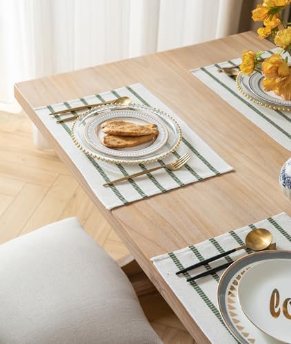 Boho Farmhouse Placemats Set of 6, Green Beige Stripes Cotton Linen