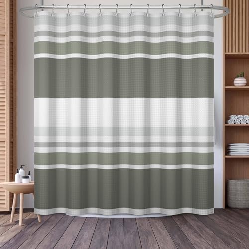 Renaiss Gray Green Striped Waffle Weave Small Stall Shower Curtain