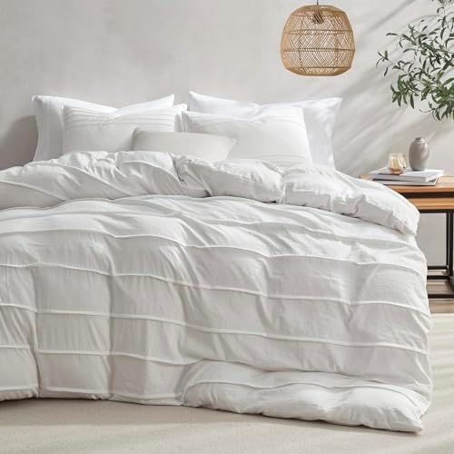 Oli Anderson 3PCS Pleated Duvet Cover Set, White, Queen