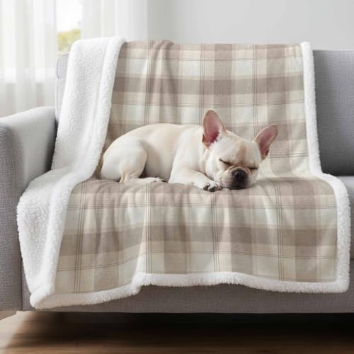 Beige Grid Sherpa Fleece Blanket Farmhouse Cream Buffalo Plaid Gingham