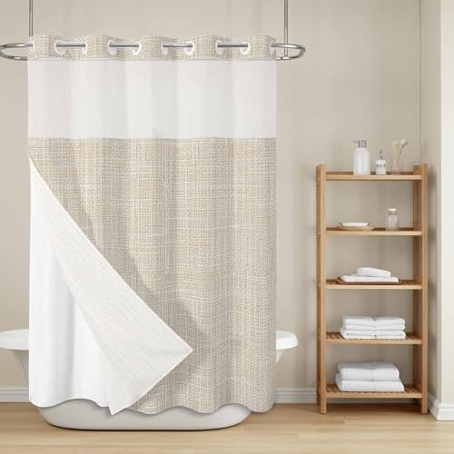 Neutral Tan Linen Weave No Hook Shower Curtain with Snap in Liner