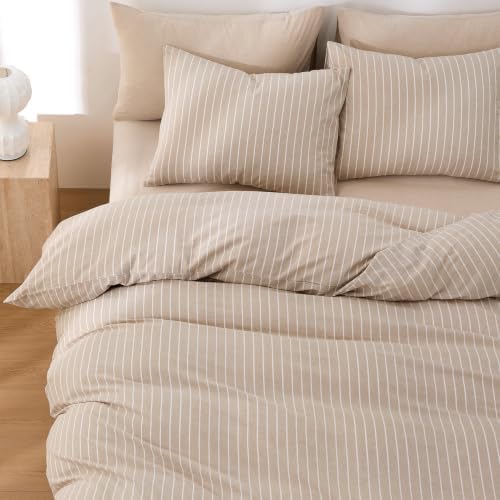 Wake In Cloud Striped Cotton Duvet Cover Set, Tan, Queen
