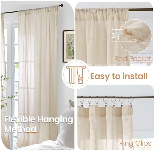 BGment Tan Linen Curtains 84 Inch Length 2 Panels Burlap Semi Sheer
