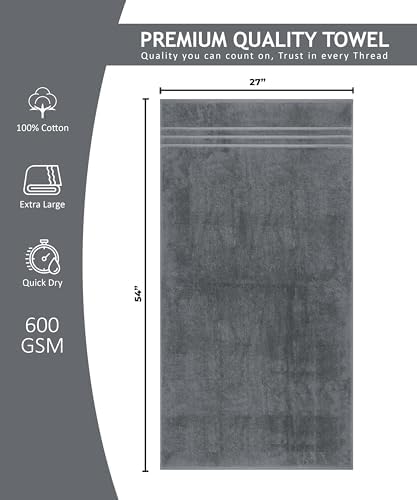 4 Pieces Large Bath Towels Set, 27x54 Inches, Grey