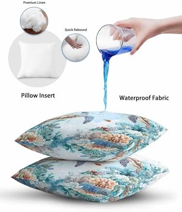 12x20 Outdoor Pillows Set of 2, Teal Coastal Turtle Waterproof Throw