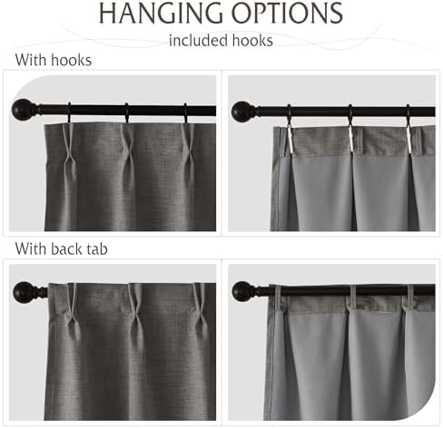 RYB HOME Pinch Pleated Back Tab Curtains Linen Textured 100% Blackout