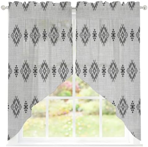 Grey Boho Swag Curtains 45 Inch Length 2 Panels Set, Western Ethnic